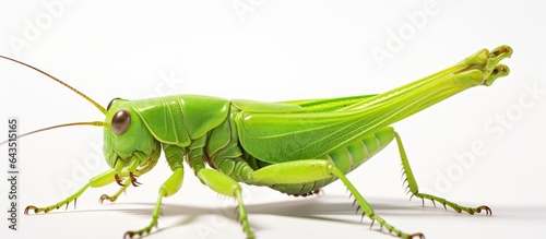 Close up photo of a grasshopper on white backdrop