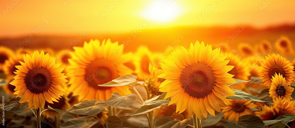 Fototapeta premium Sunflower landscape in a yellow field during sunset in summer