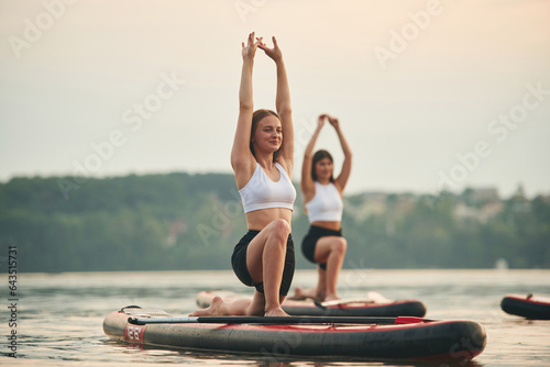 Warm up exercises. Young women are on sup boards in the lake