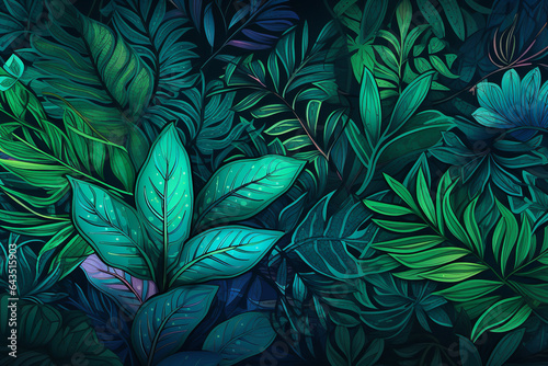 tropical leaves in blue and green,