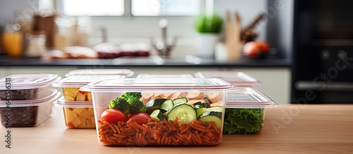 Food delivery order in plastic containers on kitchen counter with room for writing