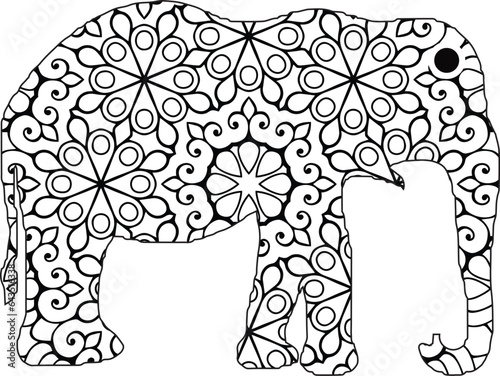 Elephant henna pattern, traditional doodle, ornate black and white mehndi vector done by Sri Lankan and Pakistani refugees. Outline hand-drawn vector

