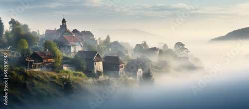 Village of cottages engulfed in morning fog