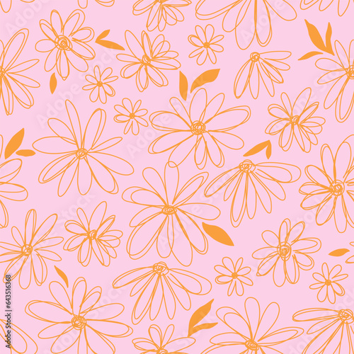 Seamless outline flowers pattern. Pink and orange summer vector botanical texture. Perfect for fabric  textile  wallpaper.