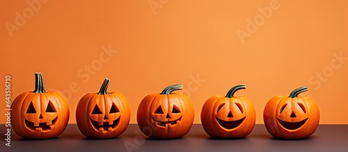Halloween holiday theme with levitating pumpkins on orange background greeting card mockup