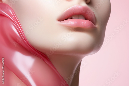 Obraz na płótnie Luscious pink lipstick, smooth and shiny, highlights the model's facial features. Exploration of femininity, with an isolated clean background accentuating the cosmetic artistry. w salonie