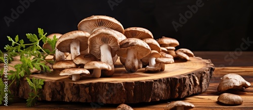 Wild porcino mushrooms on a wooden board close up