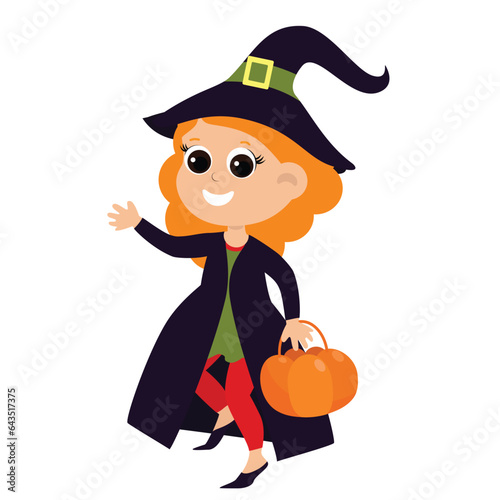 A witch in a cloak. Girl with red hair in a witch costume with a basket in her hands. Halloween illustration in cartoon style isolated on white background.