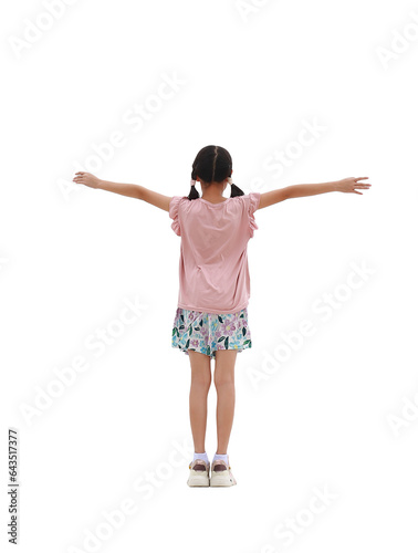 Fotografía Back view of Asian girl child arms outstretched or keeping arms raised isolated on white background