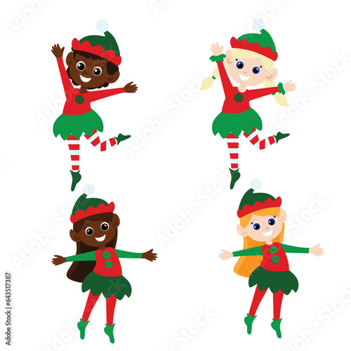 Christmas set of elf girls in traditional costumes in cartoon style isolated on white background. Santa's helpers are happy. They dance, smile. Design of Christmas characters.