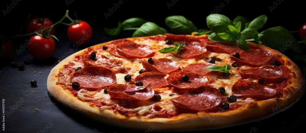 Pepperoni pizza with copy space fast food dark background