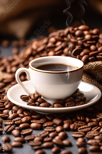 Coffee cup and coffee beans on the table. Coffee background