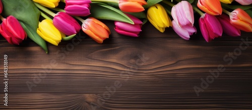 Tulips in various colors arranged on a wooden surface