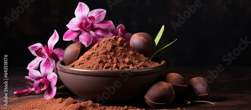 Orchid flowers and cocoa po...