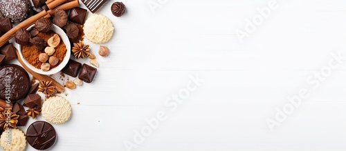 Selection of chocolate with nuts cookies and cocoa White wooden background Aerial view Space for text