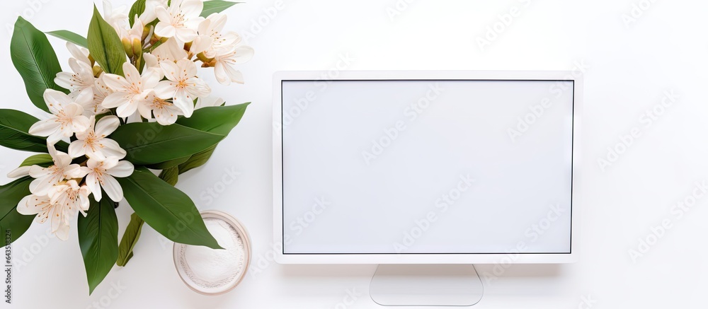 Computer monitor and flower on white background with space Aerial view Computer monitor and flower on white background with space Aerial view