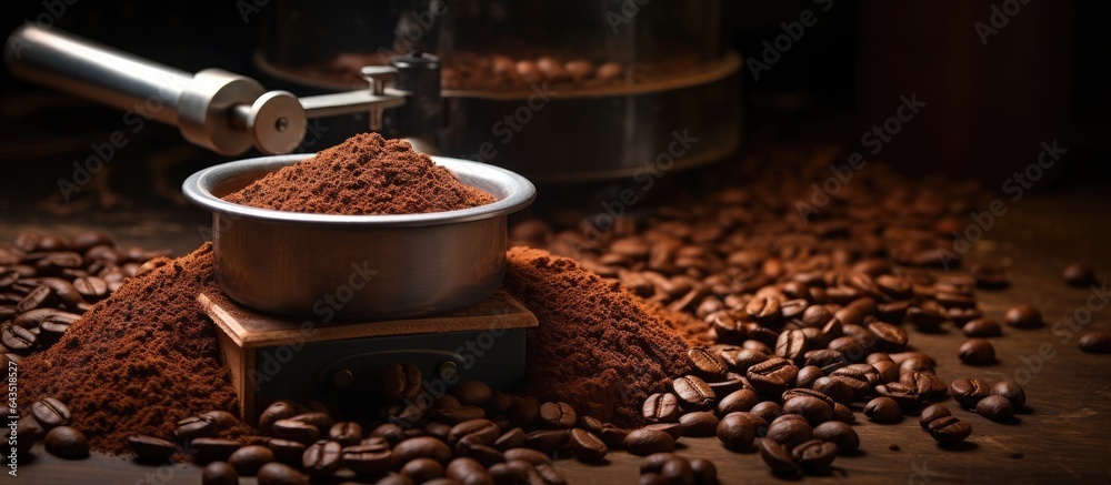 A grinder turns coffee beans into coffee powder - obrazy, fototapety, plakaty 