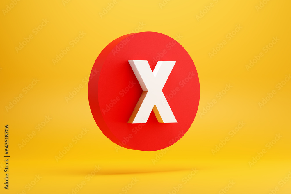 Obraz premium Red x sign or cross mark on a red button on yellow background. Cancel, rejection or error sign. Voting no.