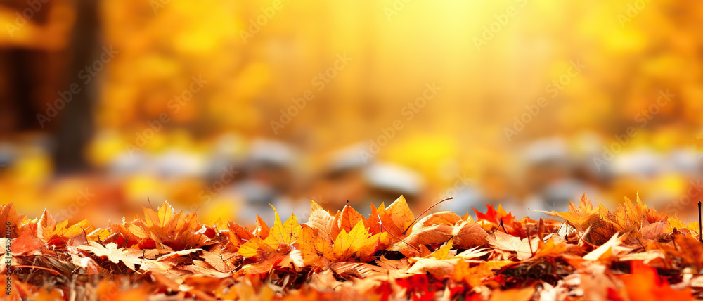 Autumn Palette Colorful Universal Natural Panoramic Background with Blurred Orange Leaves for Creative Design. created with Generative AI