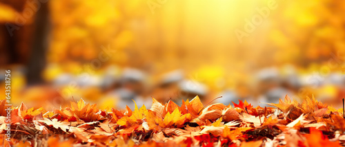 Autumn Palette Colorful Universal Natural Panoramic Background with Blurred Orange Leaves for Creative Design. created with Generative AI