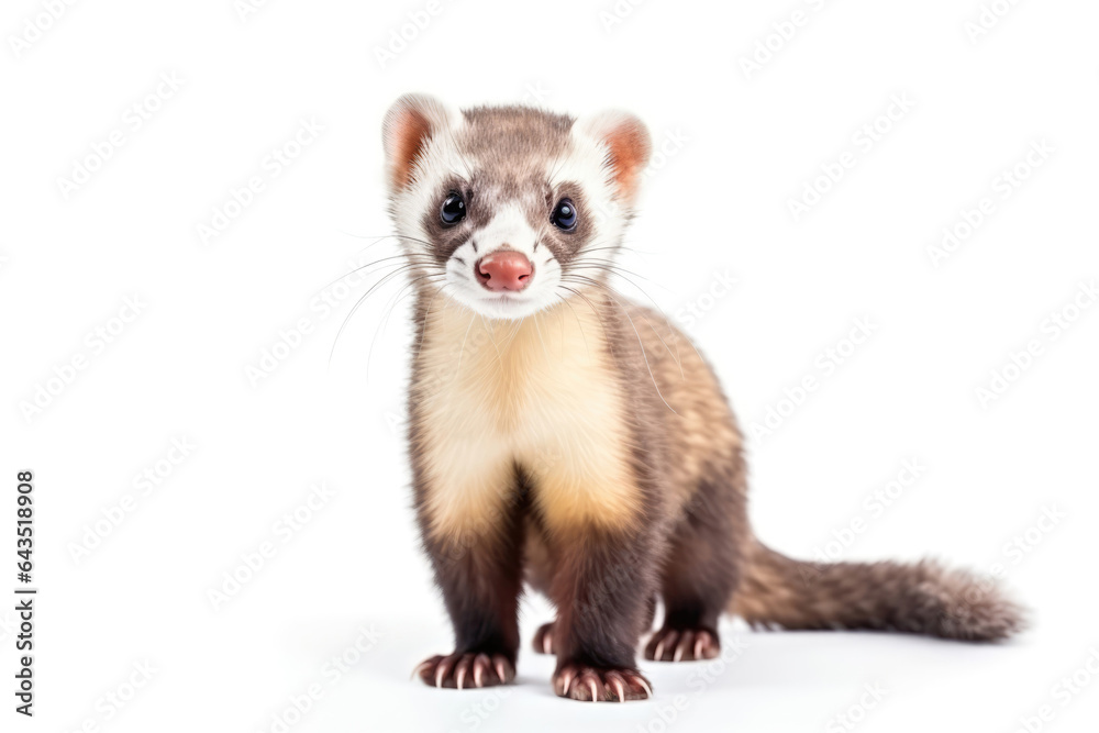 Cute Ferret On White Background. Сoncept Ferret Care, Ferret Personality, Ferret Bonding, Background Color Psychology Cute Ferret On White Background. Сoncept Ferret Care, Ferret Personality, Ferret Bonding, Background Color Psychology