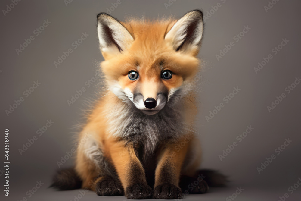 Cute Fox Kit On Gray Background. Сoncept Adorable Animals, Colorful Photography, Cute Kits, Foxes In Nature Cute Fox Kit On Gray Background. Сoncept Adorable Animals, Colorful Photography, Cute Kits, Foxes In Nature