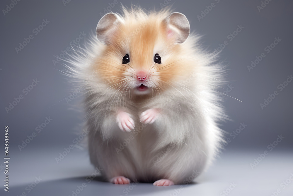 Cute Hamster On Gray Background. Сoncept Caring For A Hamster, Enjoying Pet Hamsters, Choosing Hamsters As Pets, Gray Backgrounds For Pet Photos
