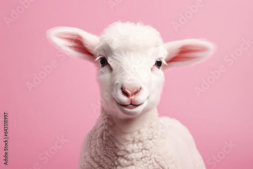 Cute Lamb On Pink Background. Сoncept Lambs Qualities Habits, Pale Pink Color, Adorable Animal Photography, The Magic Of Nature