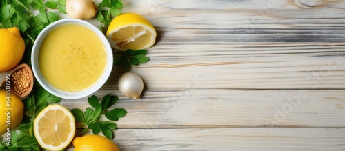 Lemon sauce and ingredients on wooden table perfect for salad dressing