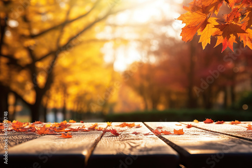 Captivating Autumn Beautiful Colorful Natural Background Perfect for Presentations  Featuring Dry Orange Leaves on Wooden Boards Amid a Blurry Autumn Park. created with Generative AI