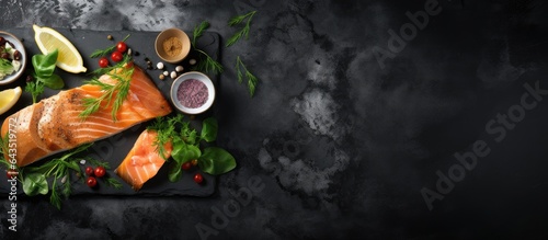 Butter Board with salmon shallots and greens on baguette pieces for a party Dark shadow on black stone concrete background