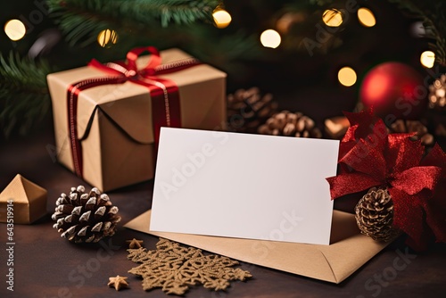 Mockup of a blank postcard in front of christmas presents and ornaments. Greeting card, invitation, sales, present, gift and surprise concept. 