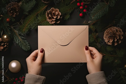 First person top view photo of hands holding an envelope over christmas background with copyspace. Surprise, present, greeting card xmas concept.