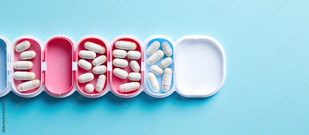 Closeup of a pill box with daily doses of medication on a blue background - obrazy, fototapety, plakaty 