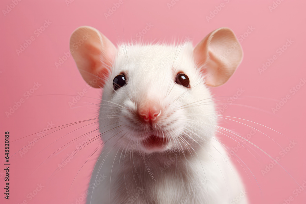 Cute Rat On Pink Background . Сoncept Cuteness Of Rats, Unusual Color Combinations, The Appeal Of Pink, Creative Photography Ideas