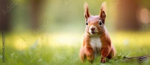 Cute red squirrel standing near tree in park or forest