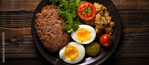Scottish breakfast with haggis Overhead view on dark wood with room for text