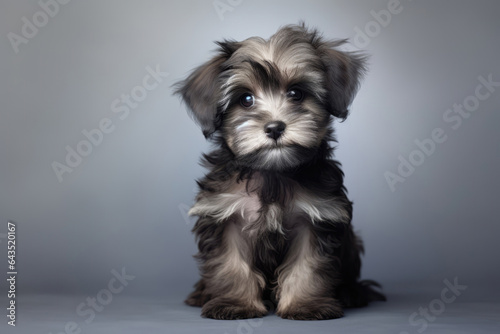 Cute Puppy On Gray Background . Сoncept Cute Puppies, Gray Backgrounds, Puppy Care, Adopting A Pet photo