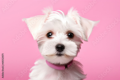 Cute Puppy On Pink Background . Сoncept Pet Adoption, Puppy Care, Choosing The Right Pet, Fashionable Pet Accessories