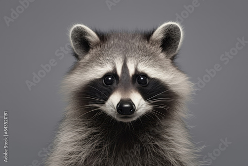 Cute Raccoon On Gray Background . Сoncept Coexisting With Wildlife, Adorable Raccoon Pictures, Gray Background In Photos, Cuteness Of Raccoons