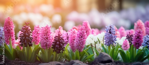 Fotografija Hyacinths in the flowerbed greening the cityscape Background with focus room for