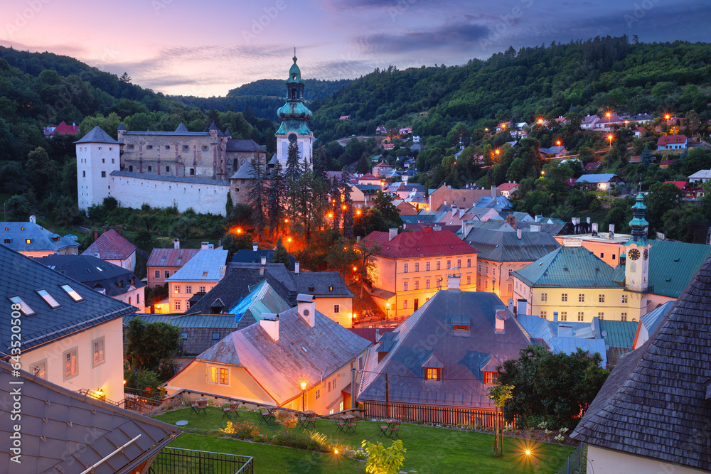 Banska Stiavnica, Slovakia. Cityscape image of historical city of Banska Stiavnica, Slovak Republic at summer sunset.