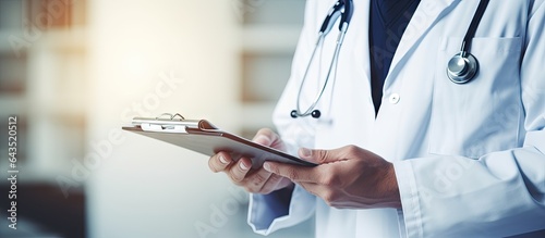 Male doctor in uniform taking notes in hospital corridor photo