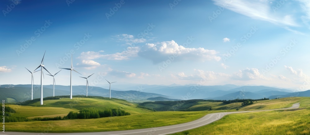 Obraz premium Wind turbines in a wind park creating renewable energy with ample space for text promoting green energy