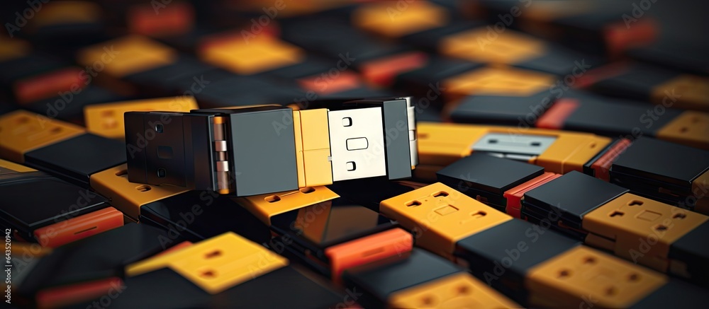 USB flash drive next to old file folders symbolizing digitalization and ...