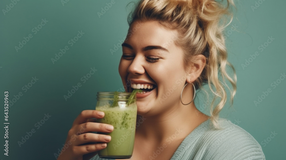 Joyful multicultural blonde woman sips a green smoothie in the studio. Generative AI Joyful multicultural blonde woman sips a green smoothie in the studio. Generative AI