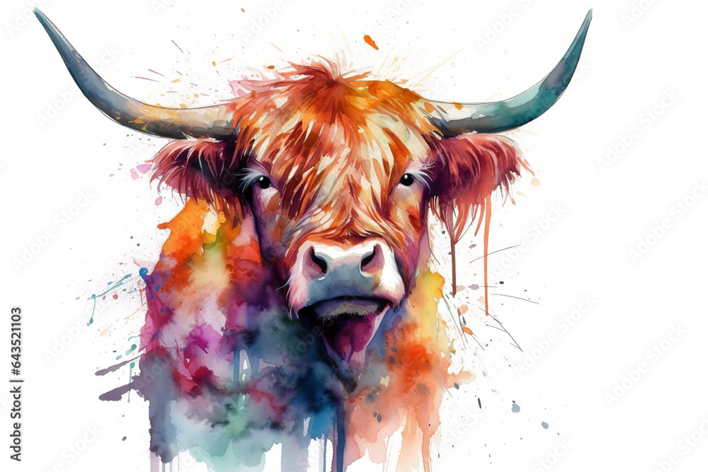 Image of bright colors watercolor highland cow painting on white background. Wildlife Animals., Generative AI, Illustration. - obrazy, fototapety, plakaty 