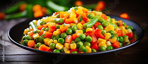 Frozen vegetables on wooden background Corn peas pepper carrots Space for text