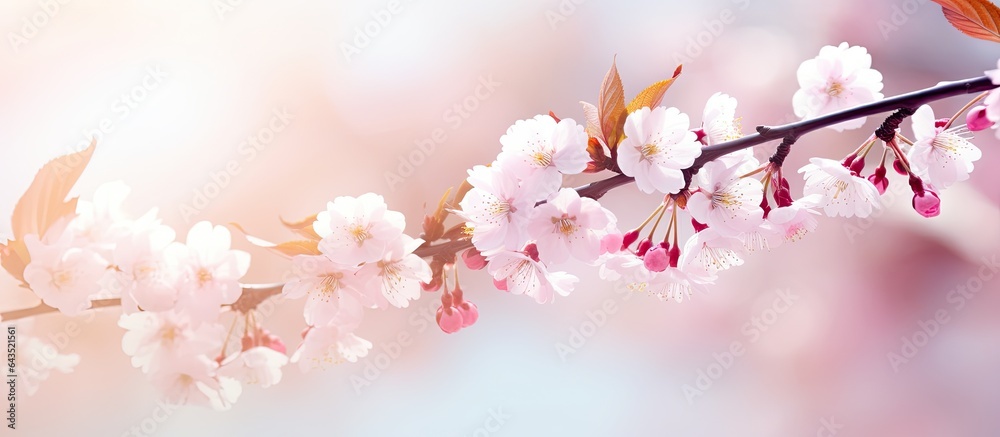 Cherry and plum trees bloom in early spring creating a background with focused flowers and space for text Cherry and plum trees bloom in early spring creating a background with focused flowers and space for text
