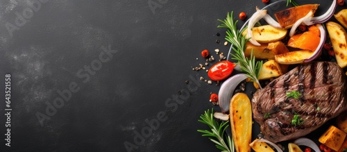 Lunch featuring beef steak and roasted vegetables with rosemary on a grey background photo